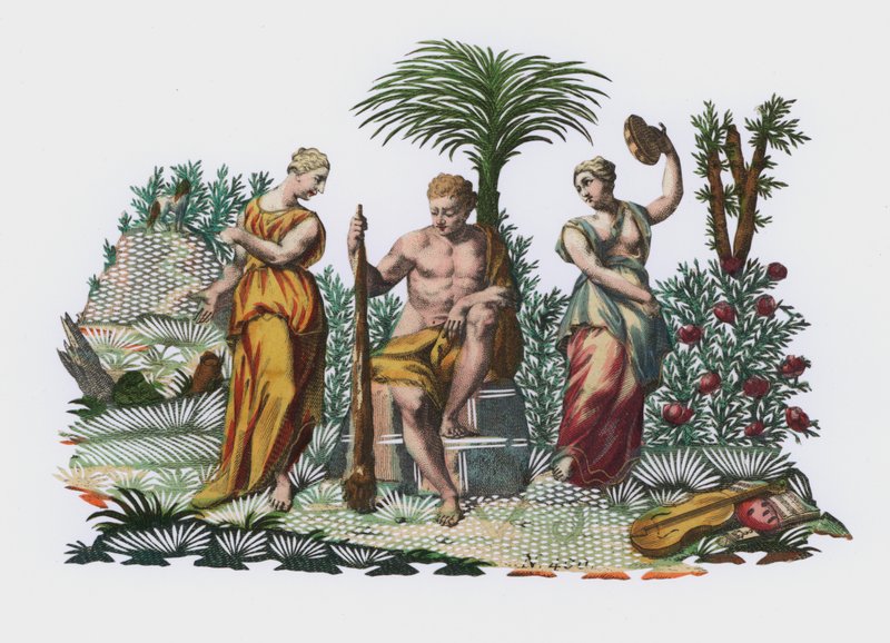 Heracles em um jardim (gravação colorida) de European School