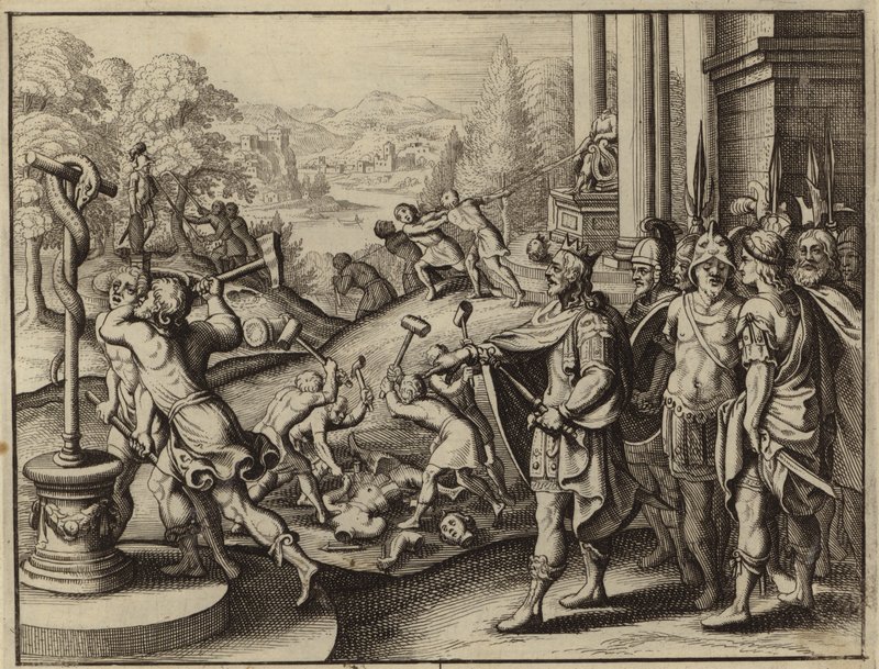 Ezequias, Rei de Judá, restaurando o Templo de Jerusalém e destruindo os ídolos (gravura) de European School