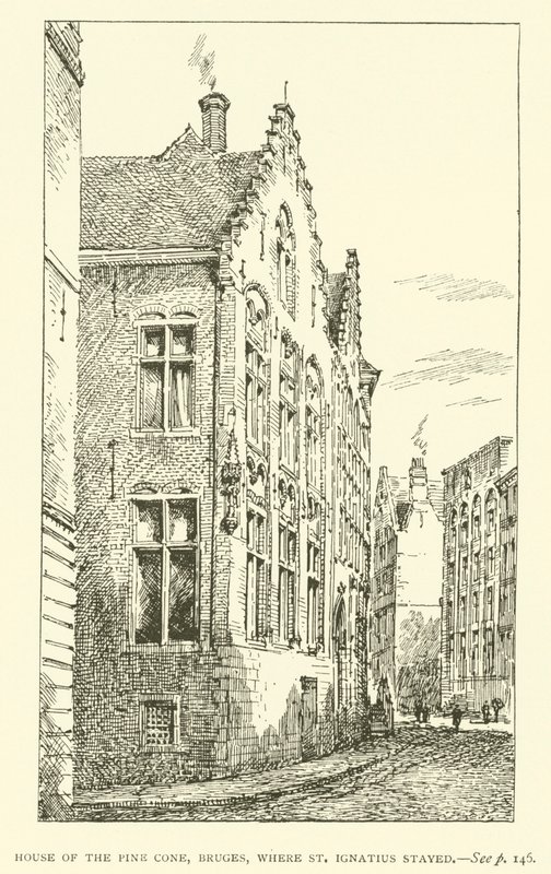 Casa do Cone do Pinheiro, Bruges, onde ficou Santo Inácio (gravura) de European School