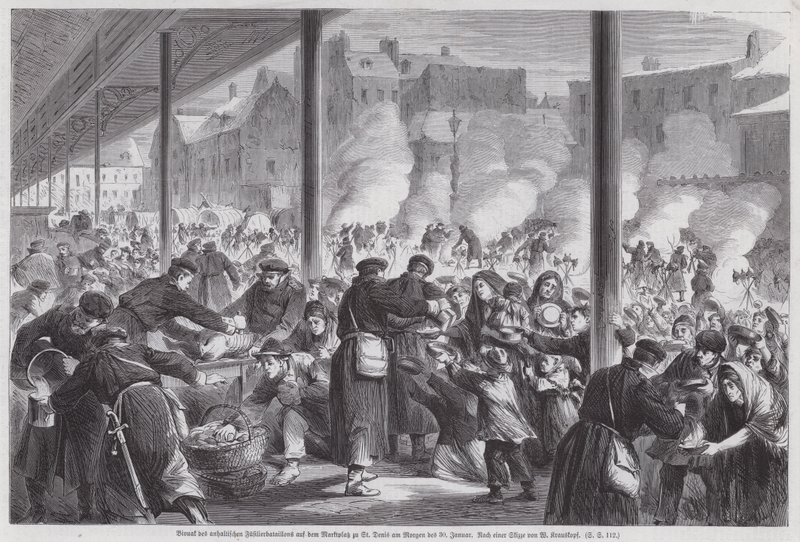 Famintos parisienses pedindo comida a soldados alemães acampados na praça do mercado de St Denis após o fim do cerco de Paris, Guerra Franco-Prussiana de European School