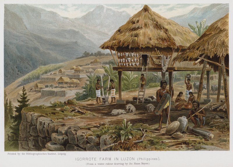 Fazenda Igorrote em Luzon, Filipinas (chromolitho) de European School
