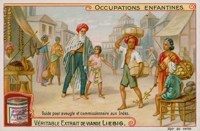 Crianças indianas trabalhando como guias para os cegos e executando recados de European School