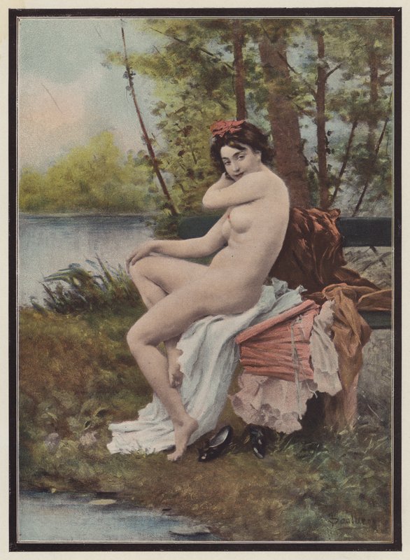 Indolência, mulher sentada em um banco (lito colorido) de European School