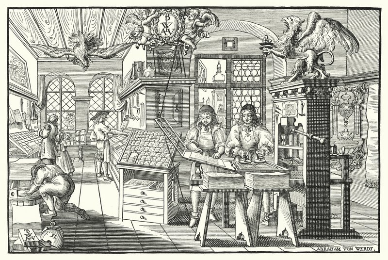 Interior de uma oficina de impressão de livros, c1676 (gravura) de European School