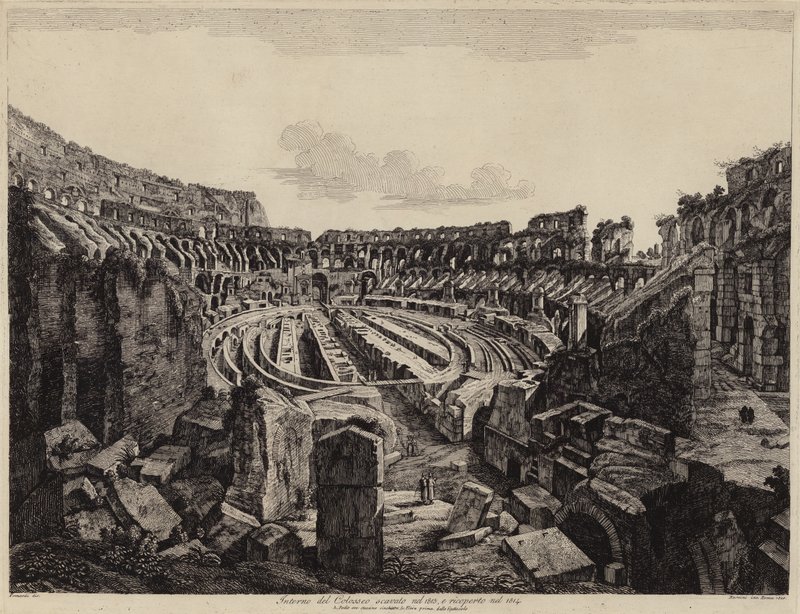 Interior do Coliseu em Roma, escavado em 1813 e inaugurado em 1814 (gravura) de European School