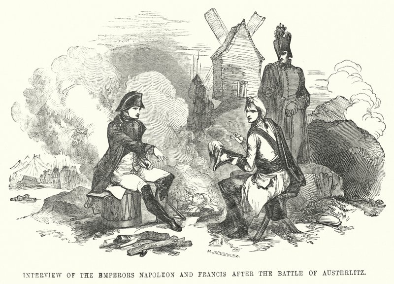 Entrevista dos imperadores Napoleão e Francisco após a Batalha de Austerlitz (gravura) de European School