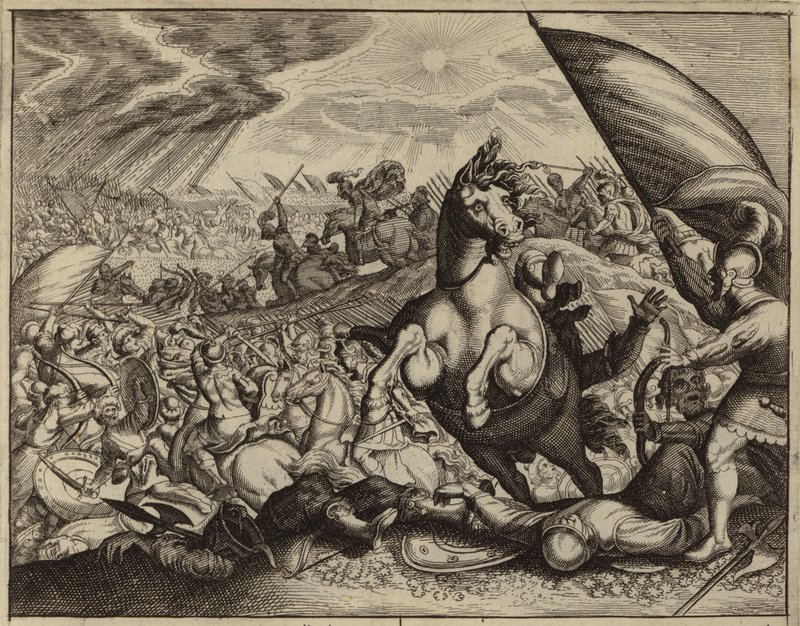 Israelitas derrotando o exército amorita depois de Josué ter ordenado que o Sol e a Lua ficassem parados (gravura) de European School