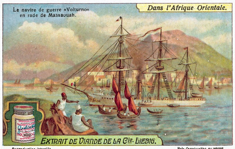Navio de guerra italiano Volturno no porto de Massawa, Eritreia (chromolitho) de European School