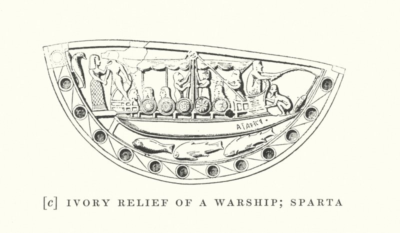 Relevo em marfim de um navio de guerra; Esparta (litografia) de European School