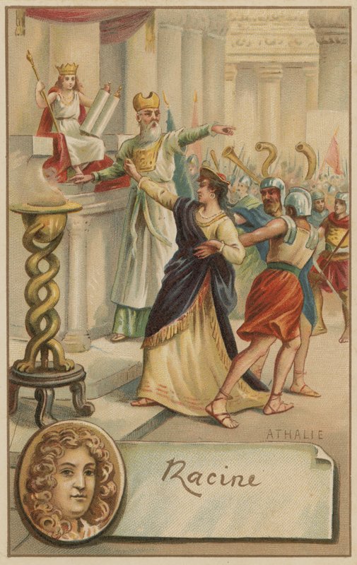 Jean Racine, dramaturgo francês e uma cena de sua peça Athalie (1691) de European School