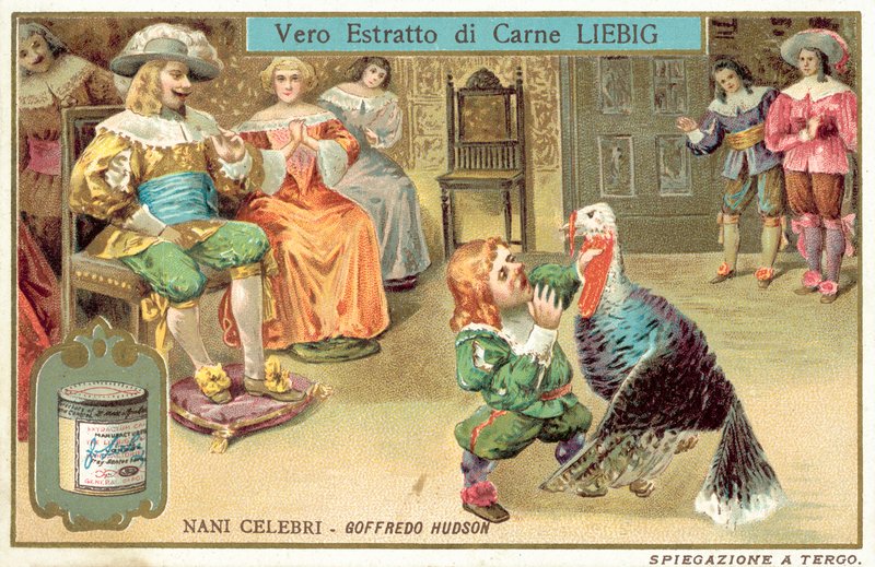Jeffrey Hudson, anão e bobo da corte inglesa na corte do Rei Carlos I e da Rainha Henrietta Maria (chromolitho) de European School