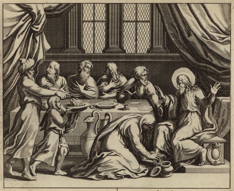 Jesus Cristo ungido por uma mulher pecadora na casa de Simão, o fariseu (gravura) de European School