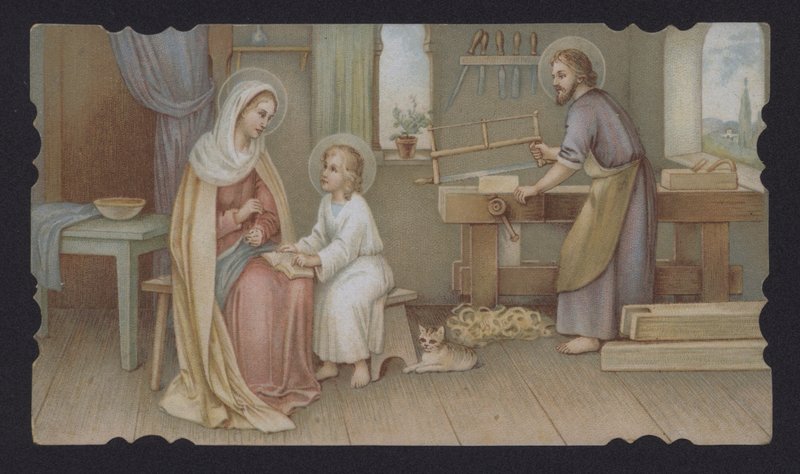 Jesus Cristo quando menino com sua mãe, Maria, na carpintaria de Josefas (chromolitho) de European School