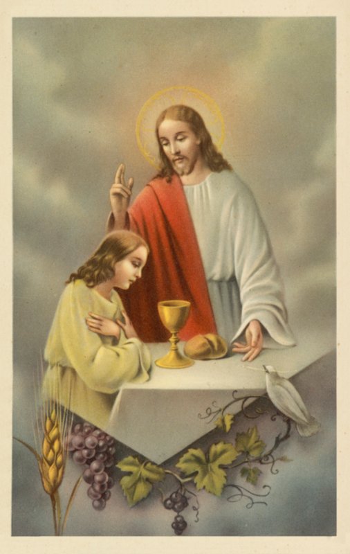 Jesus Cristo abençoa uma rapariga que recebe a comunhão (litografia a cores) de European School