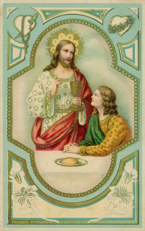 Jesus Cristo abençoando um homem que comunga (cromolitho) de European School