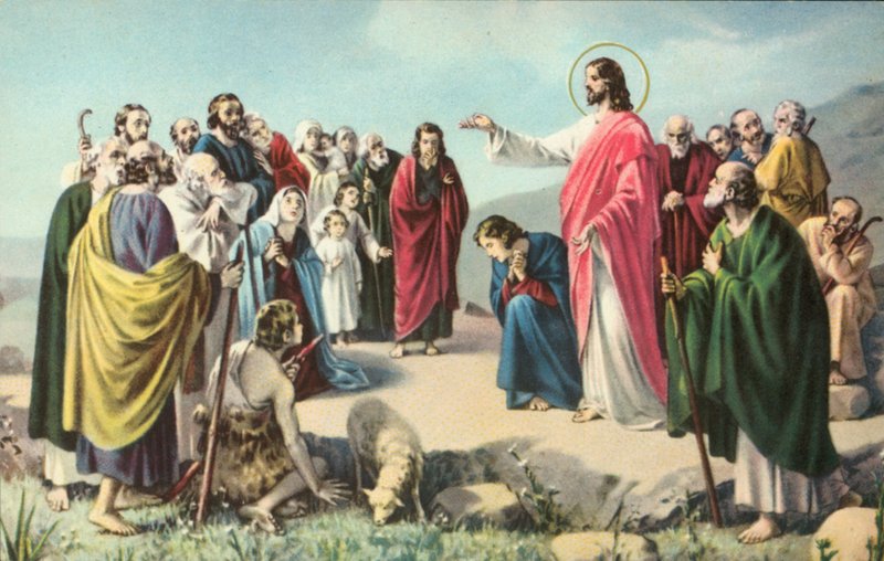 Jesus Cristo proferindo o Sermão da Montanha (litografia a cores) de European School