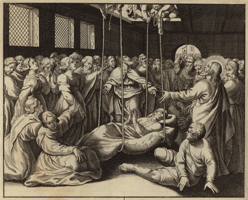Jesus Cristo curando um homem paralisado (gravura) de European School