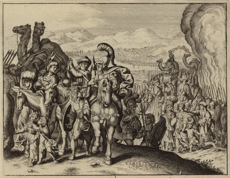 Josué e os israelitas atravessam o rio Jordão e entram em Canaã (gravura) de European School