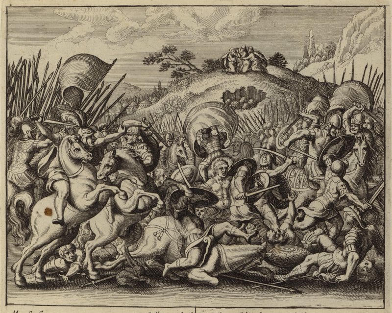Josué e os israelitas derrotando os amalequitas enquanto Moisés ora no topo de uma montanha (gravura) de European School
