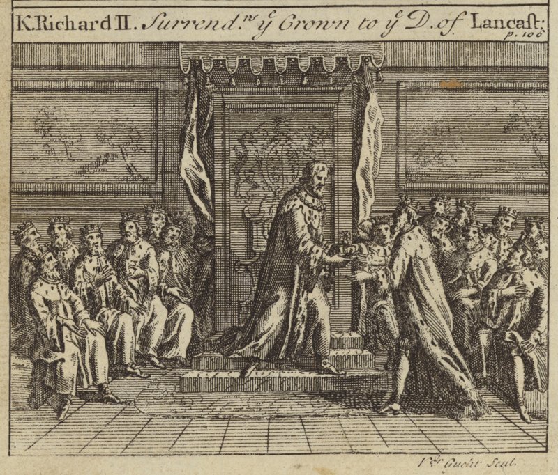 Rei Ricardo II, entregando a coroa da Inglaterra a Henrique Bolingbroke, Duque de Lancaster, 1399 de European School