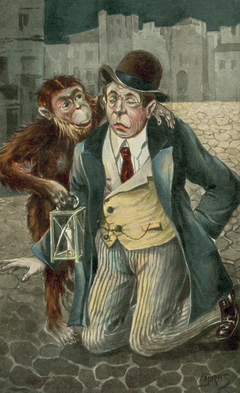 Homem ajoelhado e chimpanzé (litografia a cores) de European School