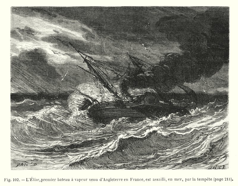 O Elise, o primeiro barco a vapor a vir de Inglaterra para França, é atacado no mar pela tempestade (gravação) de European School