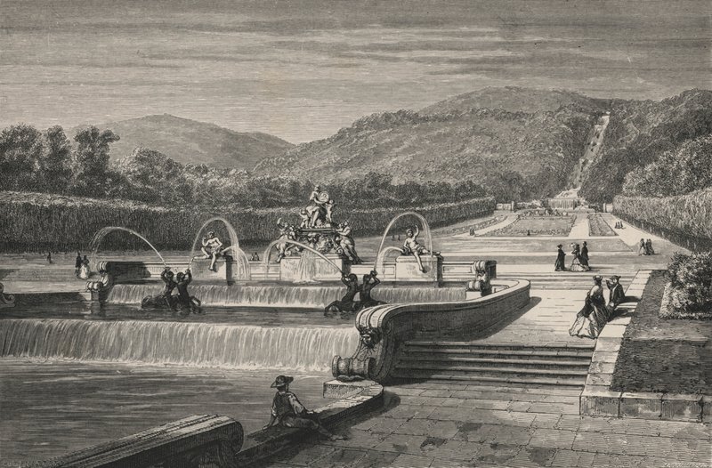 O pedaço de água e a cascata, em Caserta (gravura) de European School