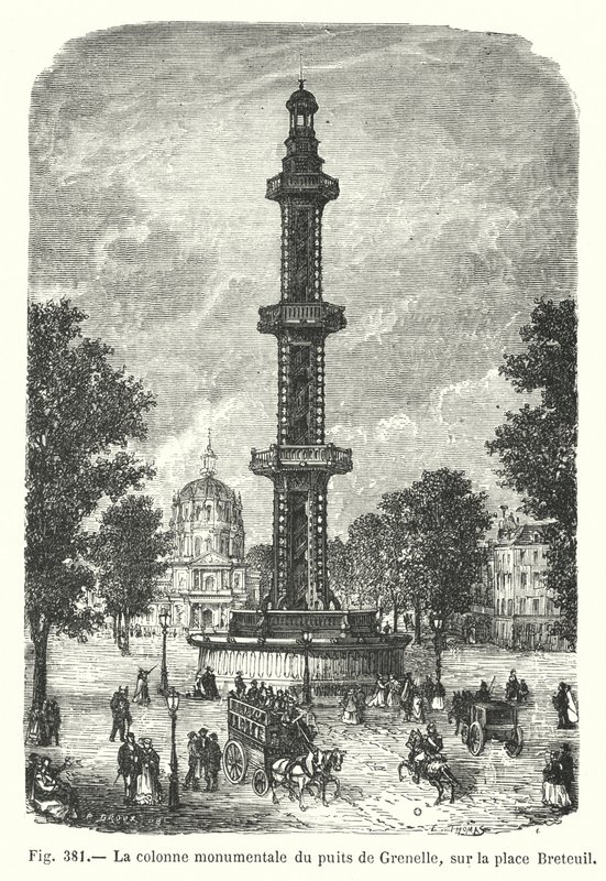 A monumental coluna do poço Grenelle, na praça Breteuil (gravura) de European School