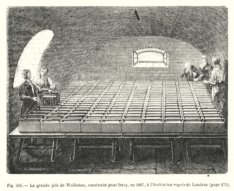 A grande pilha de Wollaston, construída para Davy, em 1807, no Royal Institution of London (gravura) de European School