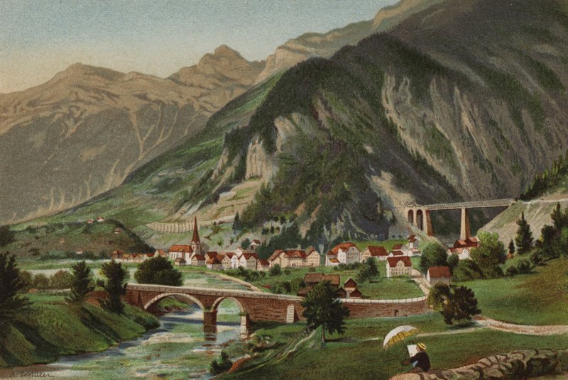Lago de Lucerna: Amsteg (litografia a cores) de European School