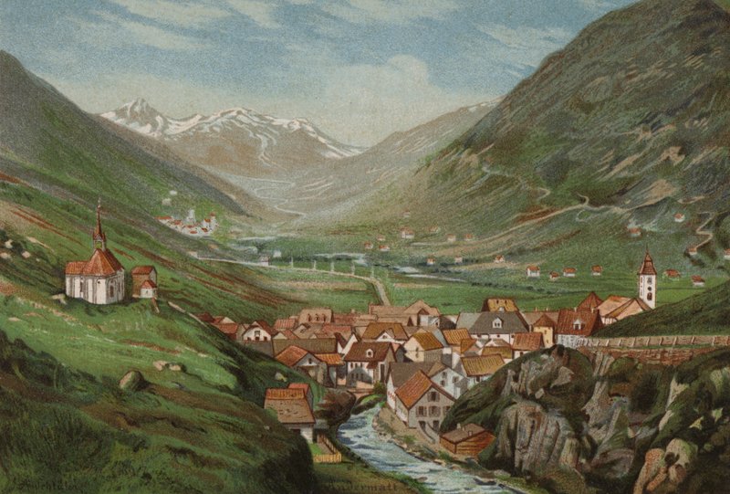 Lago Lucerna: Andermatt (litografia a cores) de European School