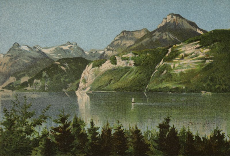 Lago de Lucerna: Axenstein (litografia a cores) de European School