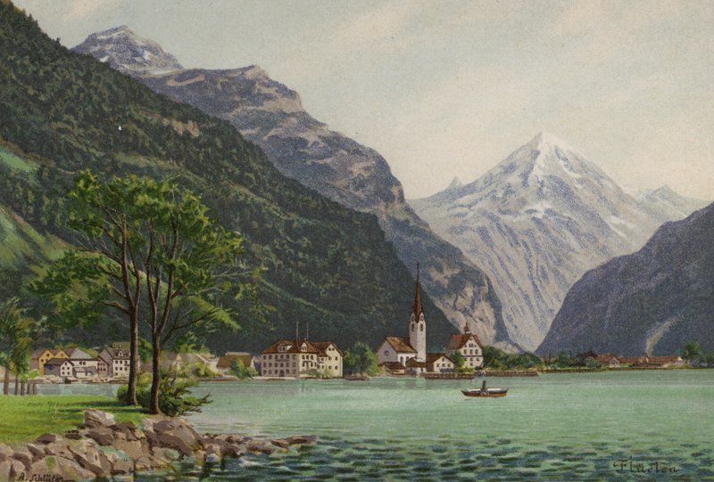 Lago de Lucerna: Fluelen (litografia a cores) de European School