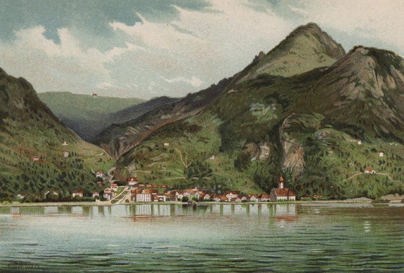 Lago de Lucerna: Gersau (litografia a cores) de European School