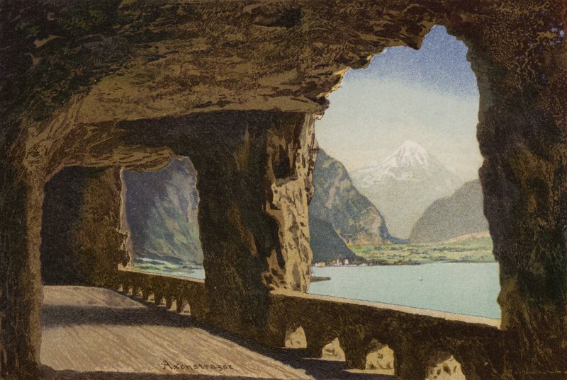 Lago de Lucerna: A Axenstrasse (litografia a cores) de European School