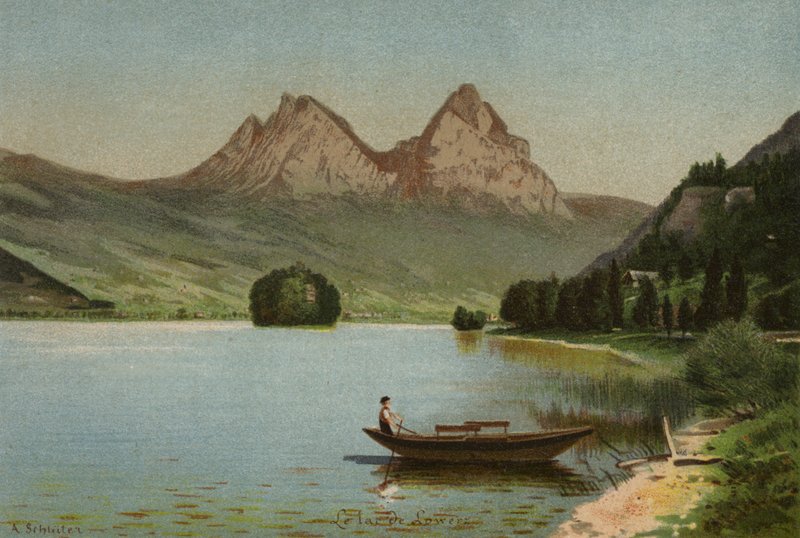 Lago Lucerna: O lago de Lowerz (litografia a cores) de European School