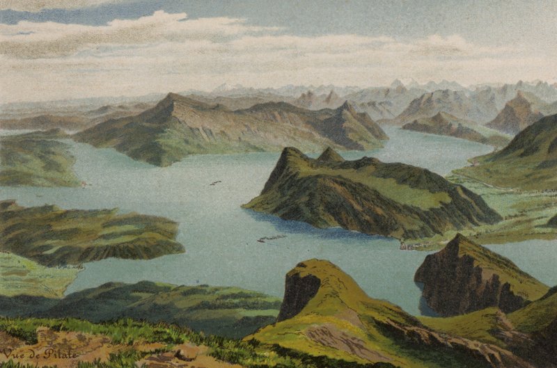 Lago Lucerna: Vista do Pilatus (cor litho) de European School