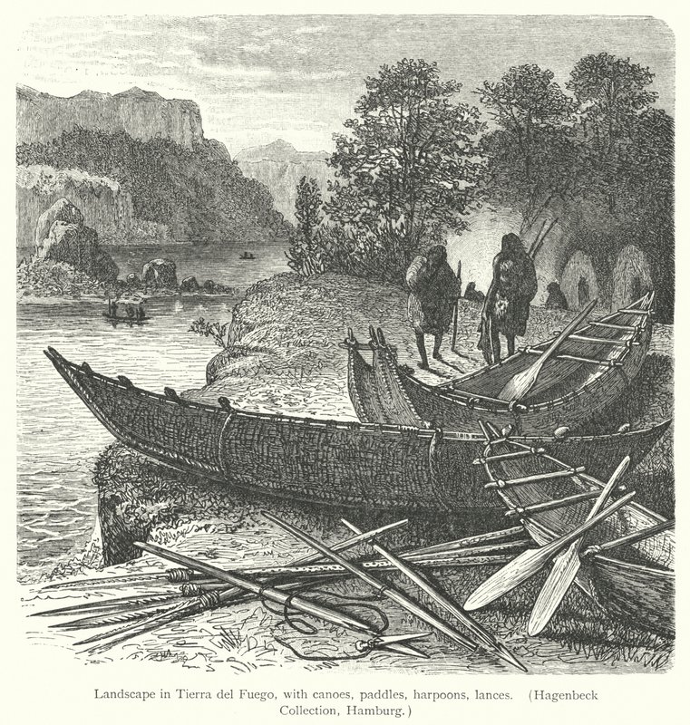 Paisagem na Terra do Fogo, com canoas, remos, arpões, lanças (gravura) de European School