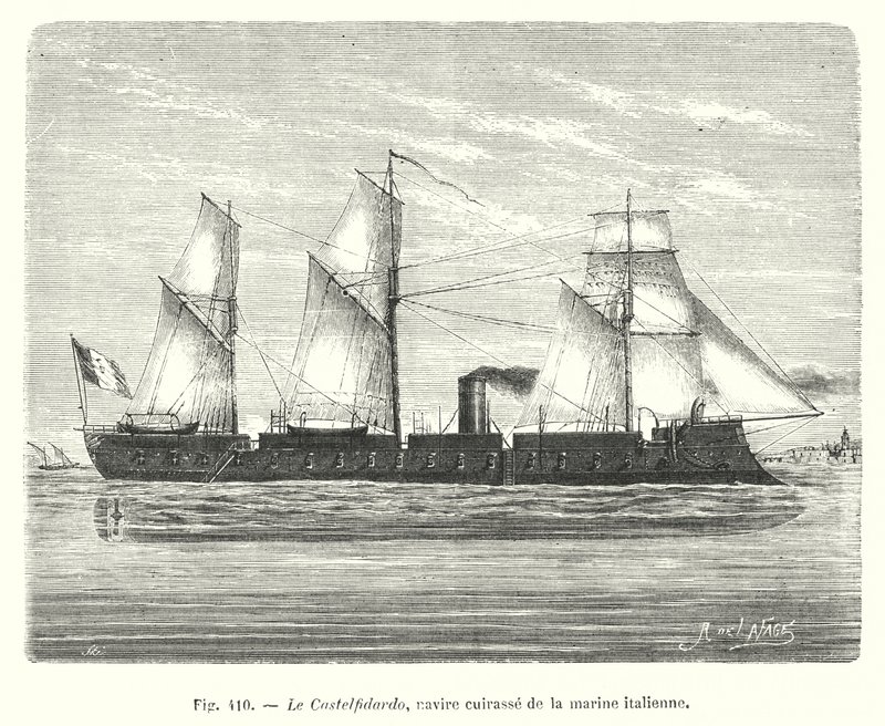 O Castelfidardo, um navio de guerra da Marinha Italiana (gravura) de European School