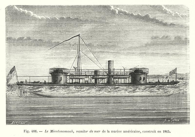 O Miantonomoah, monitor marítimo da marinha americana, construído em 1865 (gravura) de European School