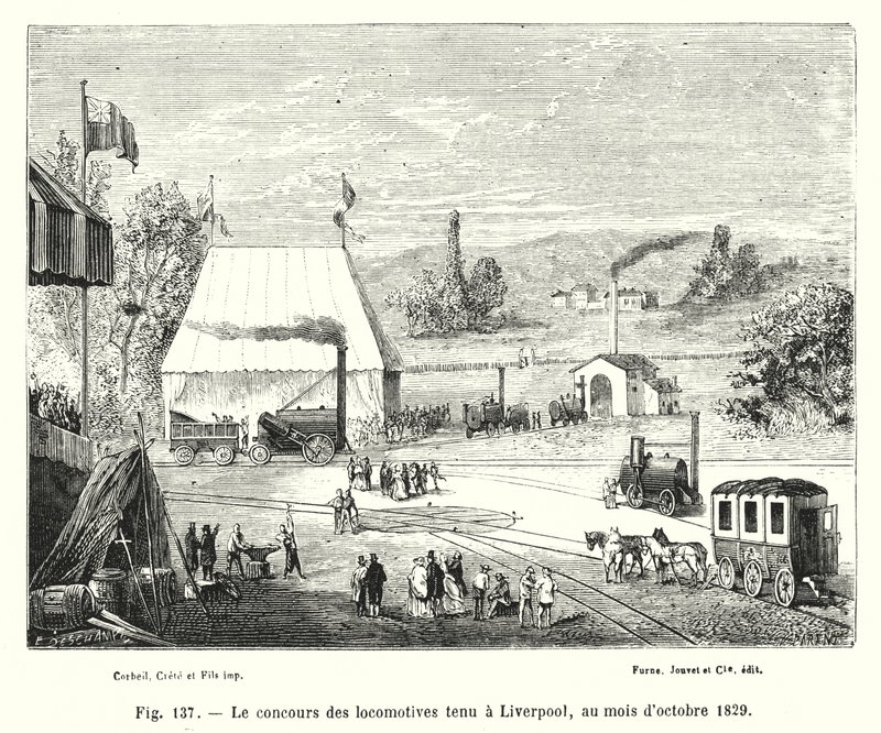 O concurso de locomotivas realizado em Liverpool, em outubro de 1829 (gravura) de European School