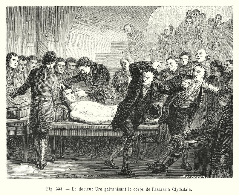 Doutor Ure galvanizando o corpo do assassino Clydsdale (gravura) de European School