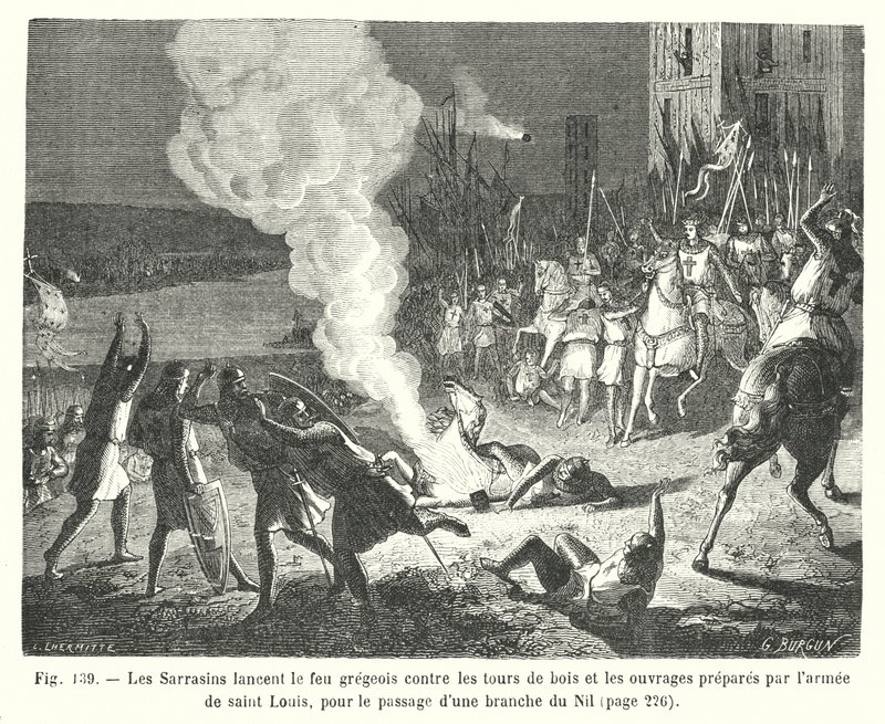 Os sarracenos lançam o fogo grego contra as torres de madeira e as obras preparadas pelo exército de Saint Louis, para a passagem de um ramo do Nilo (gravura) de European School