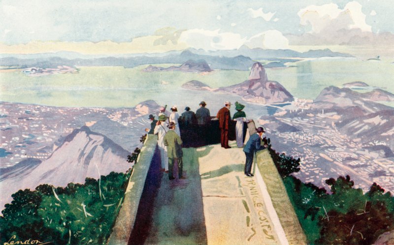 Olhando para baixo a partir da borda leste do Pico do Corcovado, 2.300 pés (litografia colorida) de European School