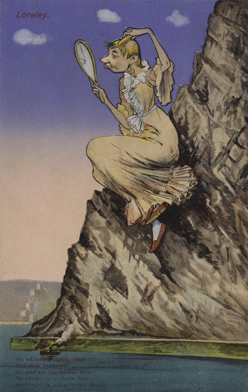 Lorelei, admirando-se em um espelho (cor litho) de European School