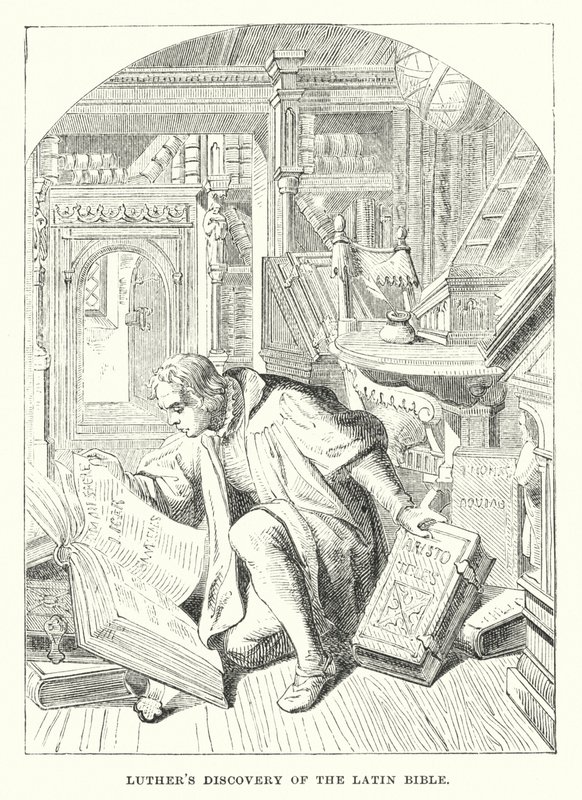A descoberta da Bíblia latina por Lutero (gravura) de European School