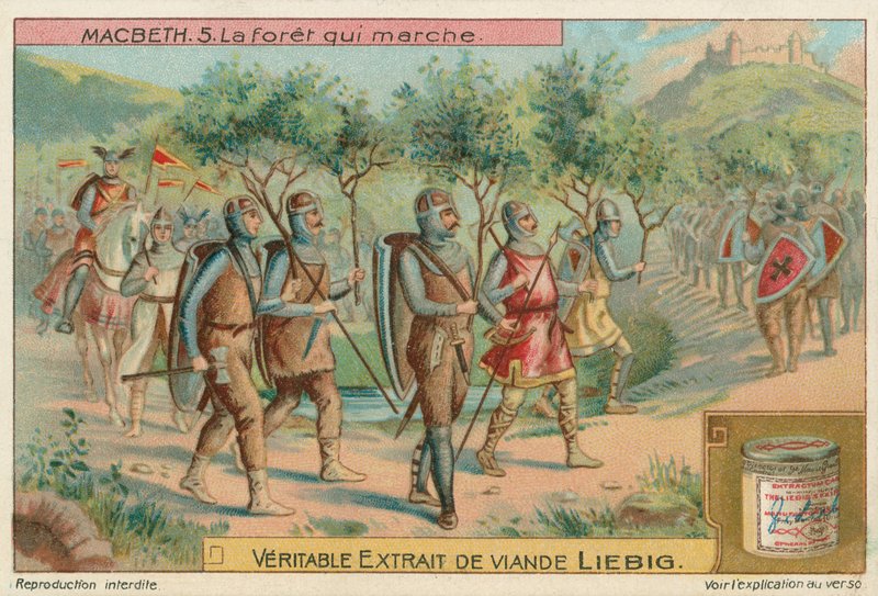 Macbeth. A floresta que marchava, cartão Liebig, início do século XX (cromo) de European School