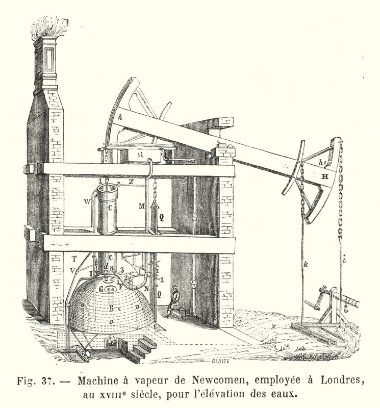 Motor a vapor Newcomen, usado em Londres, no século XVIII, para elevar água (gravura) de European School