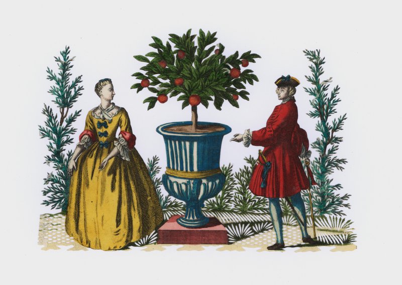 Homem e mulher em vestido do século XVIII em um jardim (gravura colorida) de European School