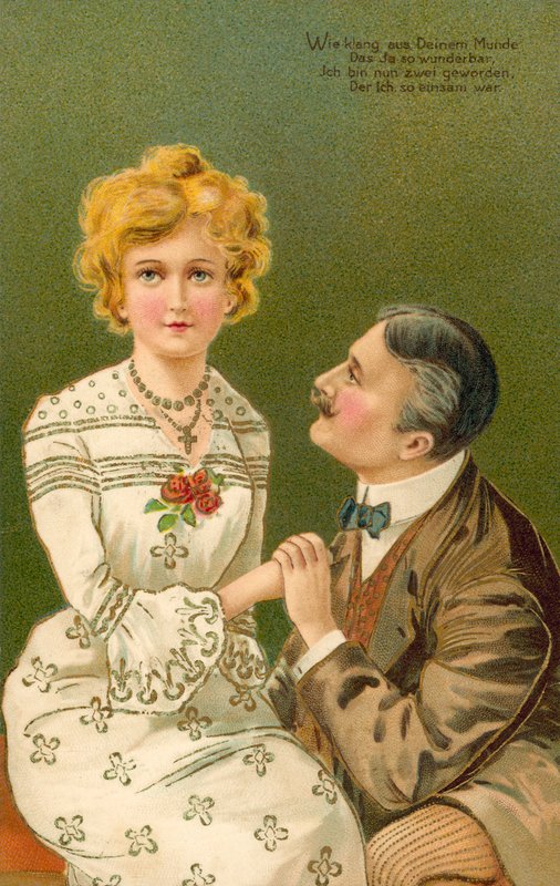 Homem a segurar a mão de uma jovem mulher (litografia a cores) de European School